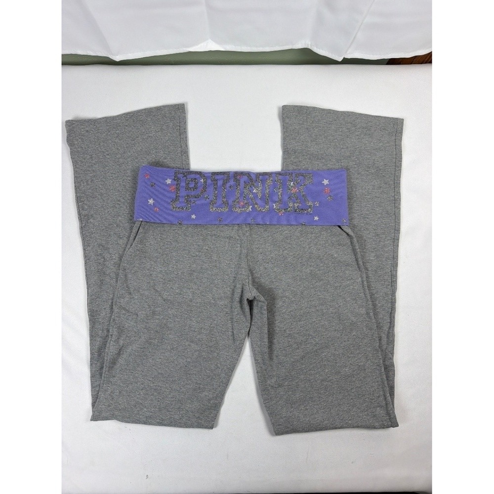 Victoria's Secret PINK Gray Yoga Pants Purple Star Glitter Med 2009 Vintage